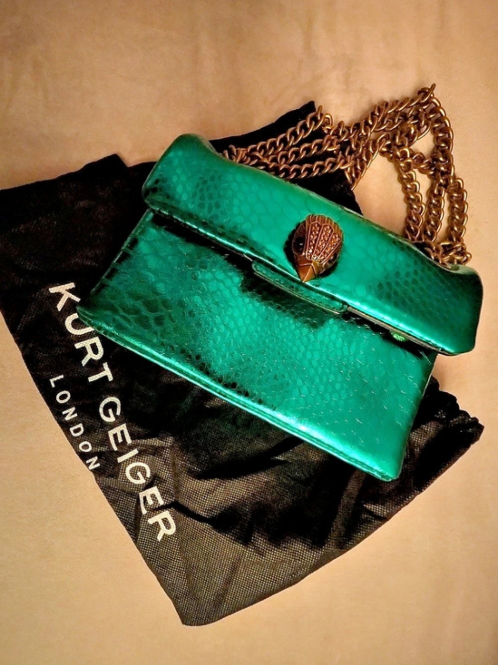 Kurt Geiger Metallic Green Chain Shoulder Bag